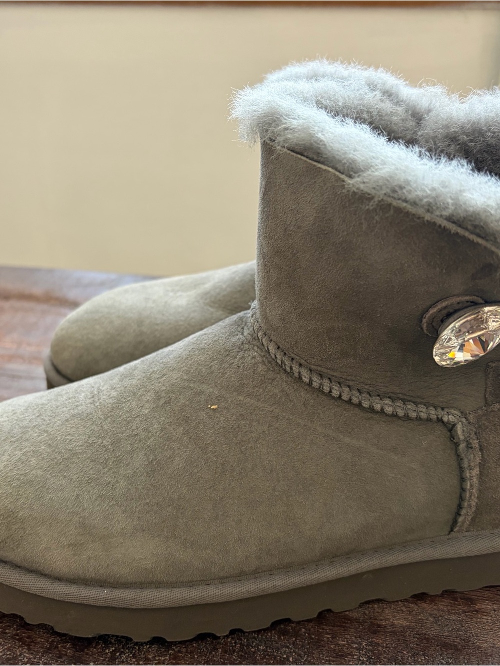 UGG Gray Suede Short Shearling Boot with Crystal Button
